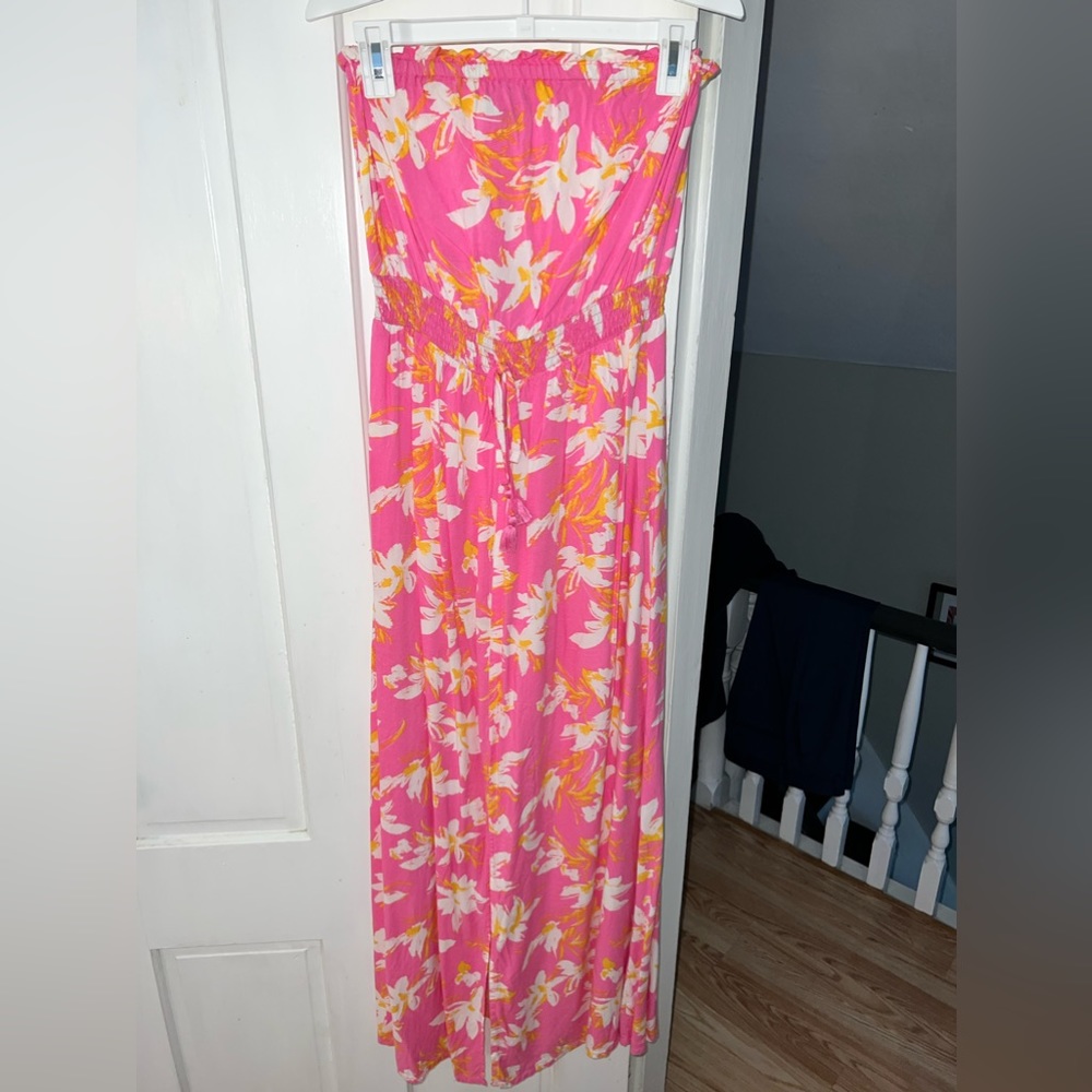Pink and yellow tropical print maxi strapless dress